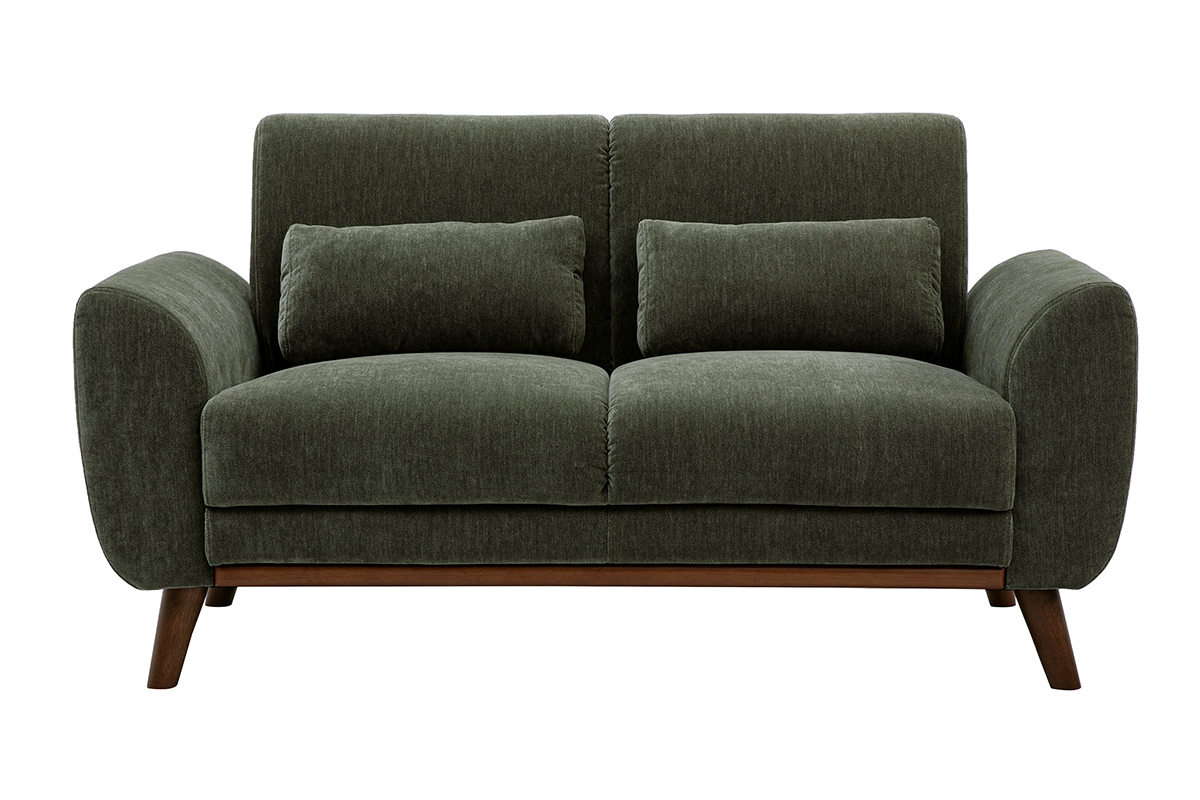 Zweisitziges Sofa aus Stoff in strukturierter Samtoptik in Khaki-Gr�n mit dunklen Holzf��en, Vorderansicht.