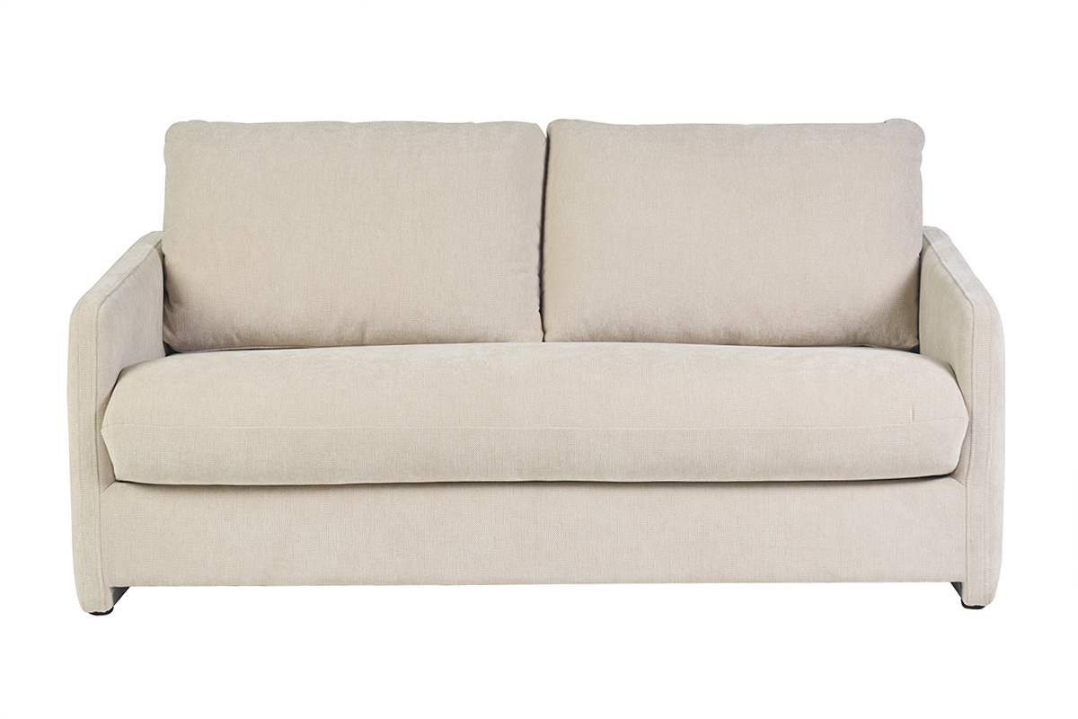 2-Sitzer-Sofa aus beigem Stoff mit strukturierter Samtoptik PAULIN, Vorderansicht.