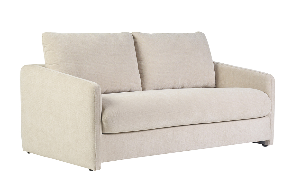 Zweisitzer-Sofa aus beigefarbenem Stoff mit strukturierter Samtoptik, Dreiviertelansicht
