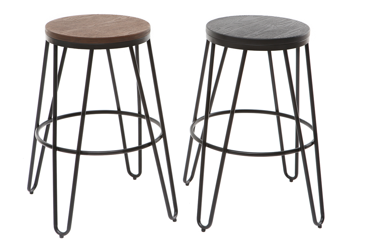 2er-Set Barhocker IGLA aus schwarzem Metall und schwarzem Holz Hhe 65 cm