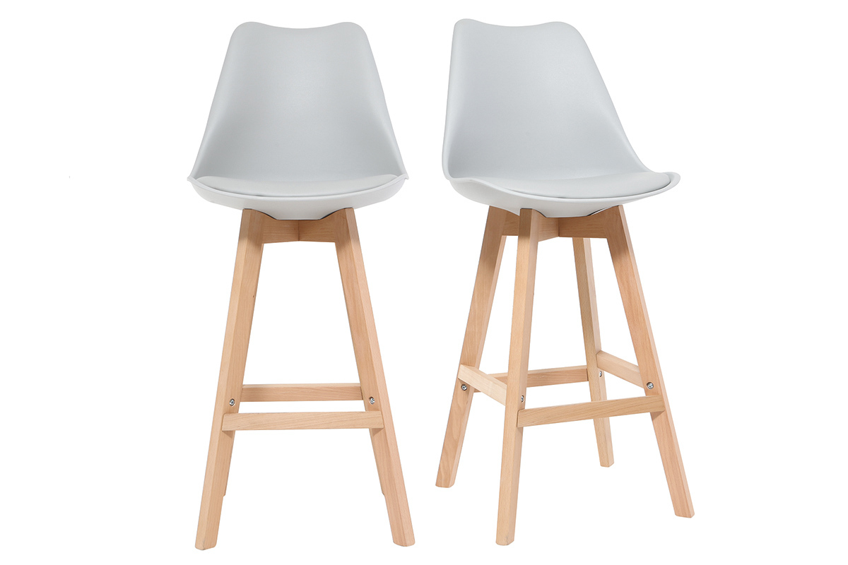 2er-Set Design-Barhocker Hellgrau und Holz PAULINE