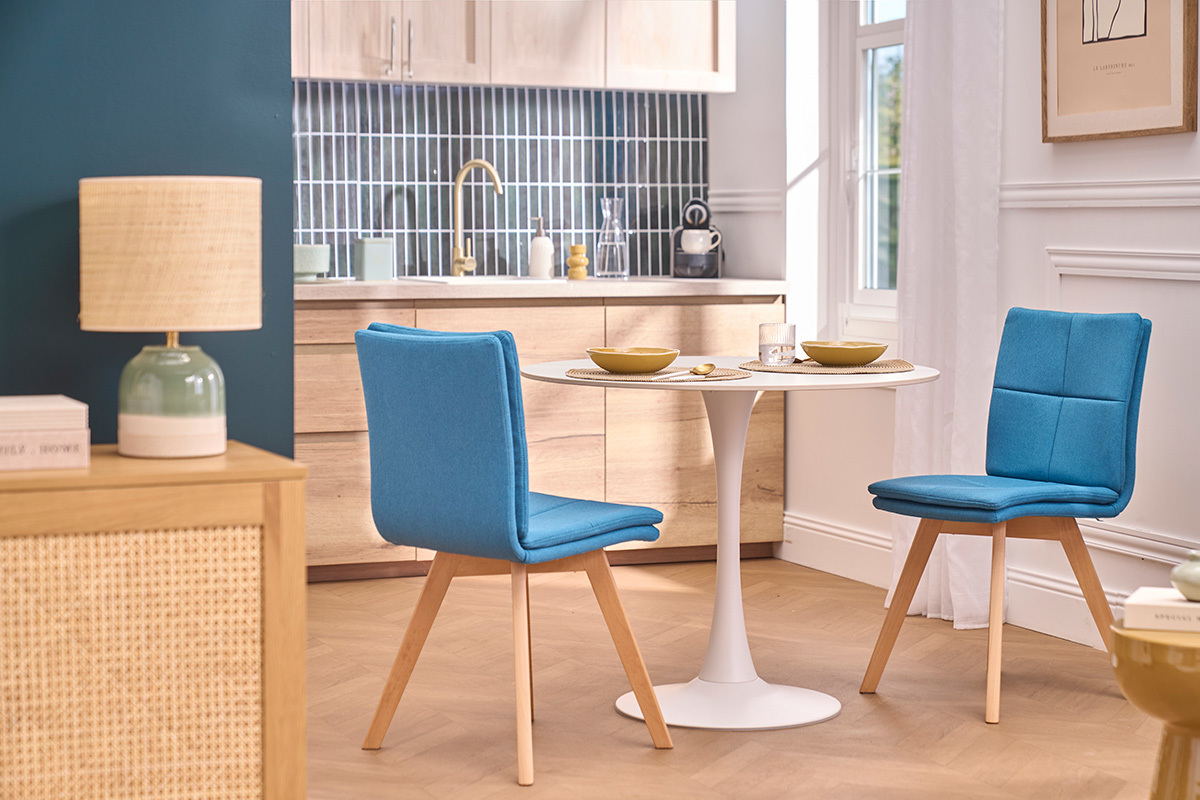 2er-Set St�hle skandinavisch blauer Stoff mit hellen Holzbeinen THEA