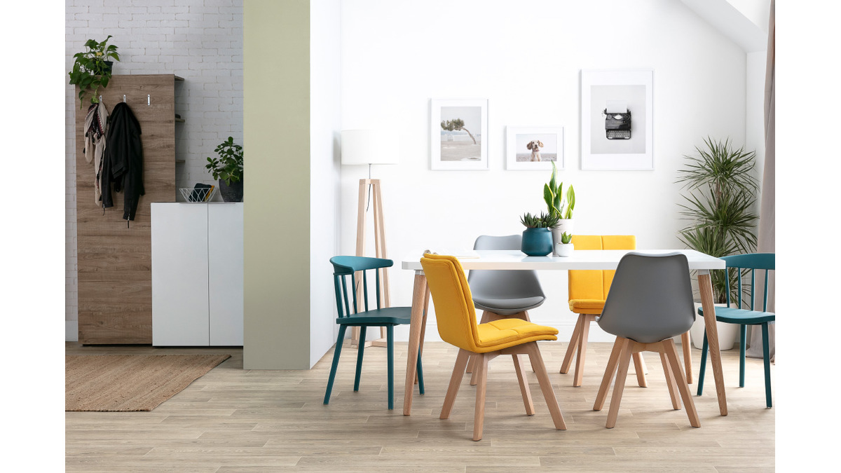 2er-Set Stühle skandinavisch gelber Stoff mit hellen Holzbeinen THEA