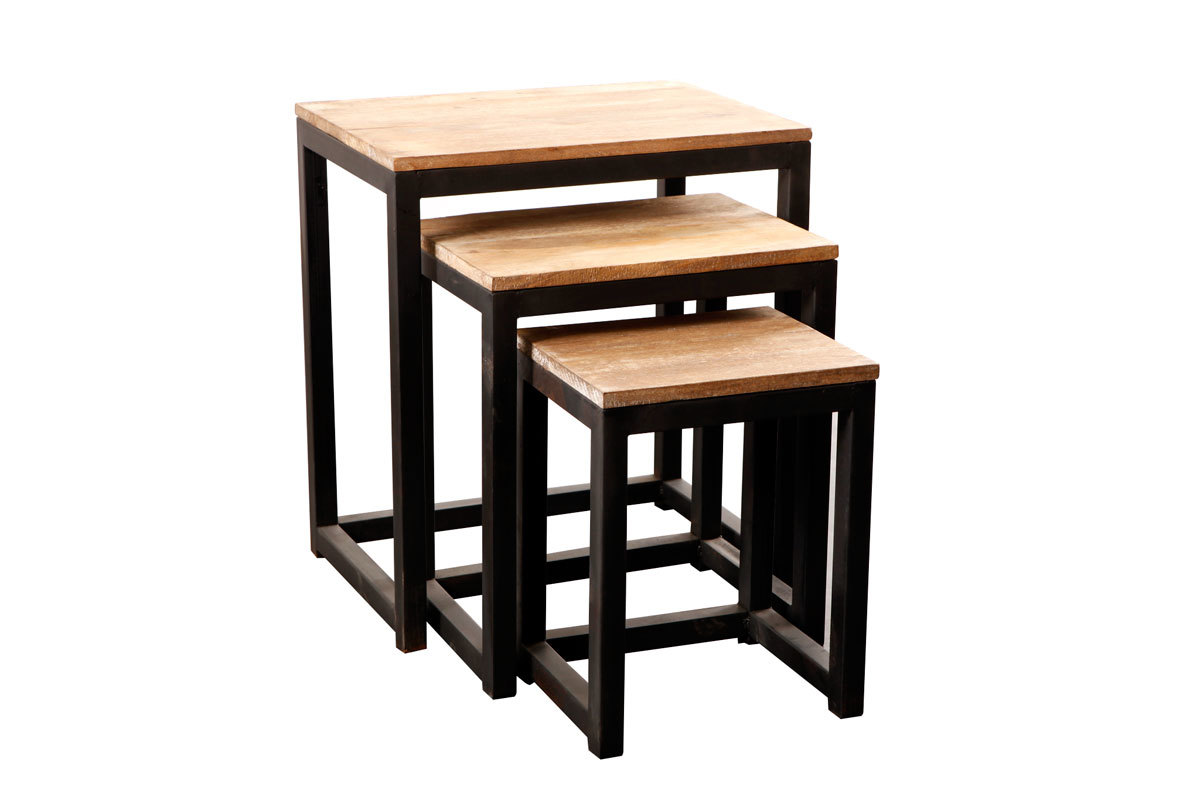3 industrielle Satztische FACTORY Metall und Holz