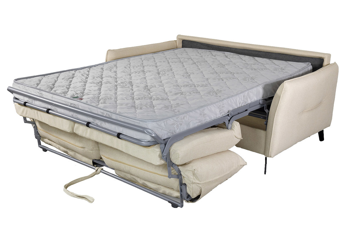 3-Sitzer Design-Schlafsofa mit beigem Stoff und schwarzem Metall LIAM