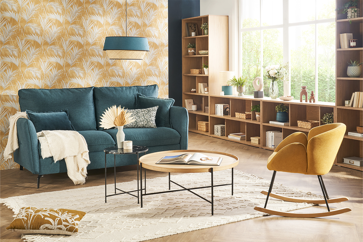 3-Sitzer Design-Schlafsofa mit beigem Stoff und schwarzem Metall LIAM