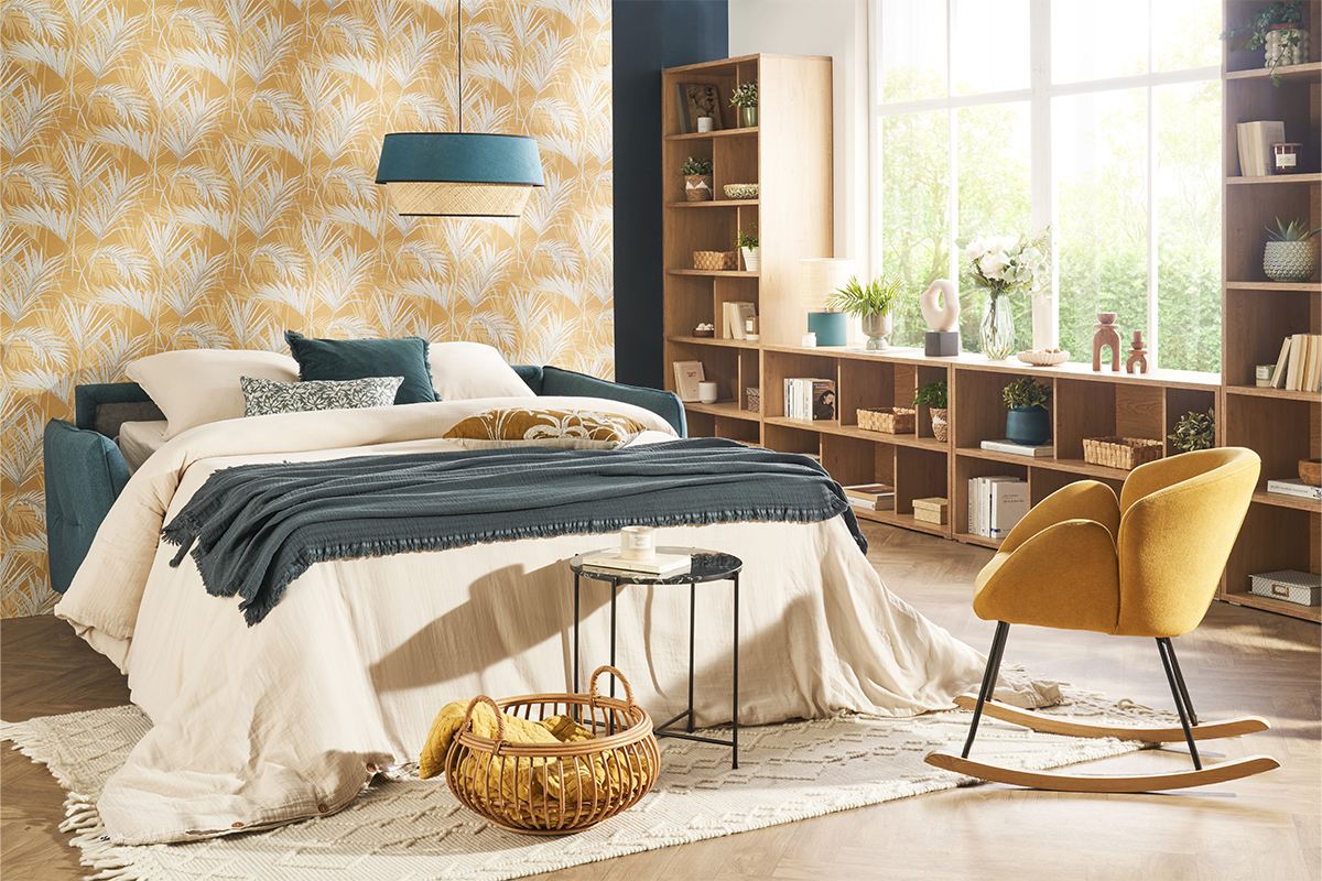 3-Sitzer Design-Schlafsofa mit beigem Stoff und schwarzem Metall LIAM