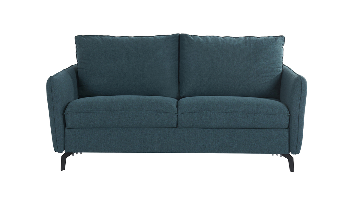 3-Sitzer Design-Schlafsofa mit entenblauem Stoff und schwarzem Metall LIAM