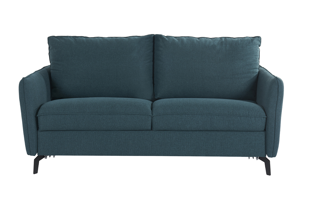 3-Sitzer Design-Schlafsofa mit entenblauem Stoff und schwarzem Metall LIAM