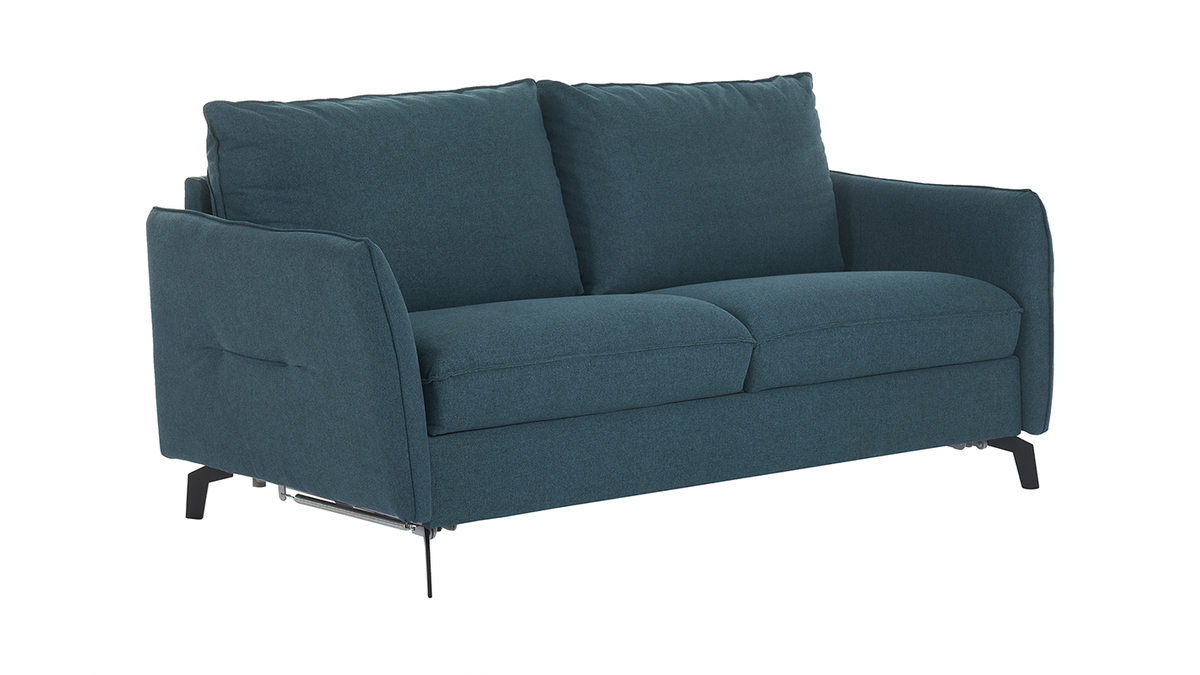 3-Sitzer Design-Schlafsofa mit entenblauem Stoff und schwarzem Metall LIAM