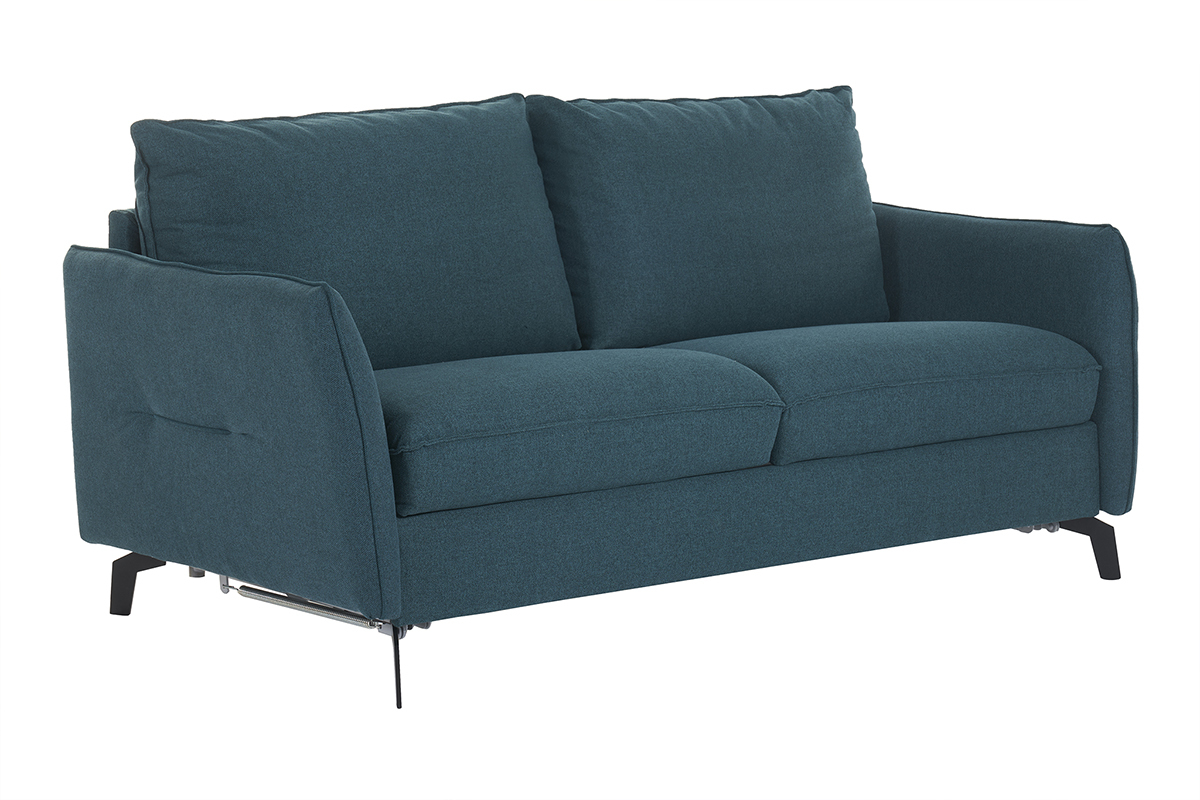 3-Sitzer Design-Schlafsofa mit entenblauem Stoff und schwarzem Metall LIAM