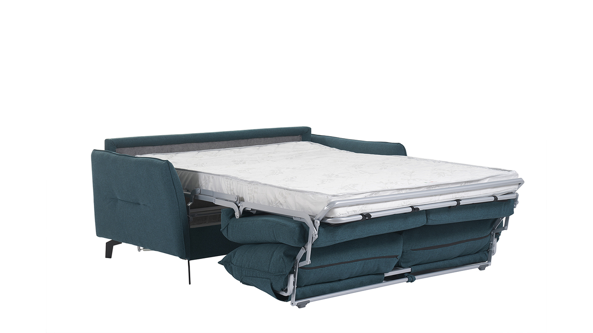 3-Sitzer Design-Schlafsofa mit entenblauem Stoff und schwarzem Metall LIAM