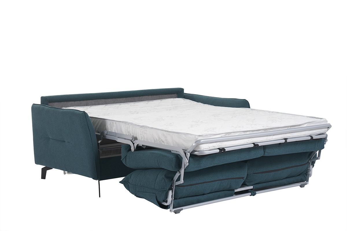 3-Sitzer Design-Schlafsofa mit entenblauem Stoff und schwarzem Metall LIAM