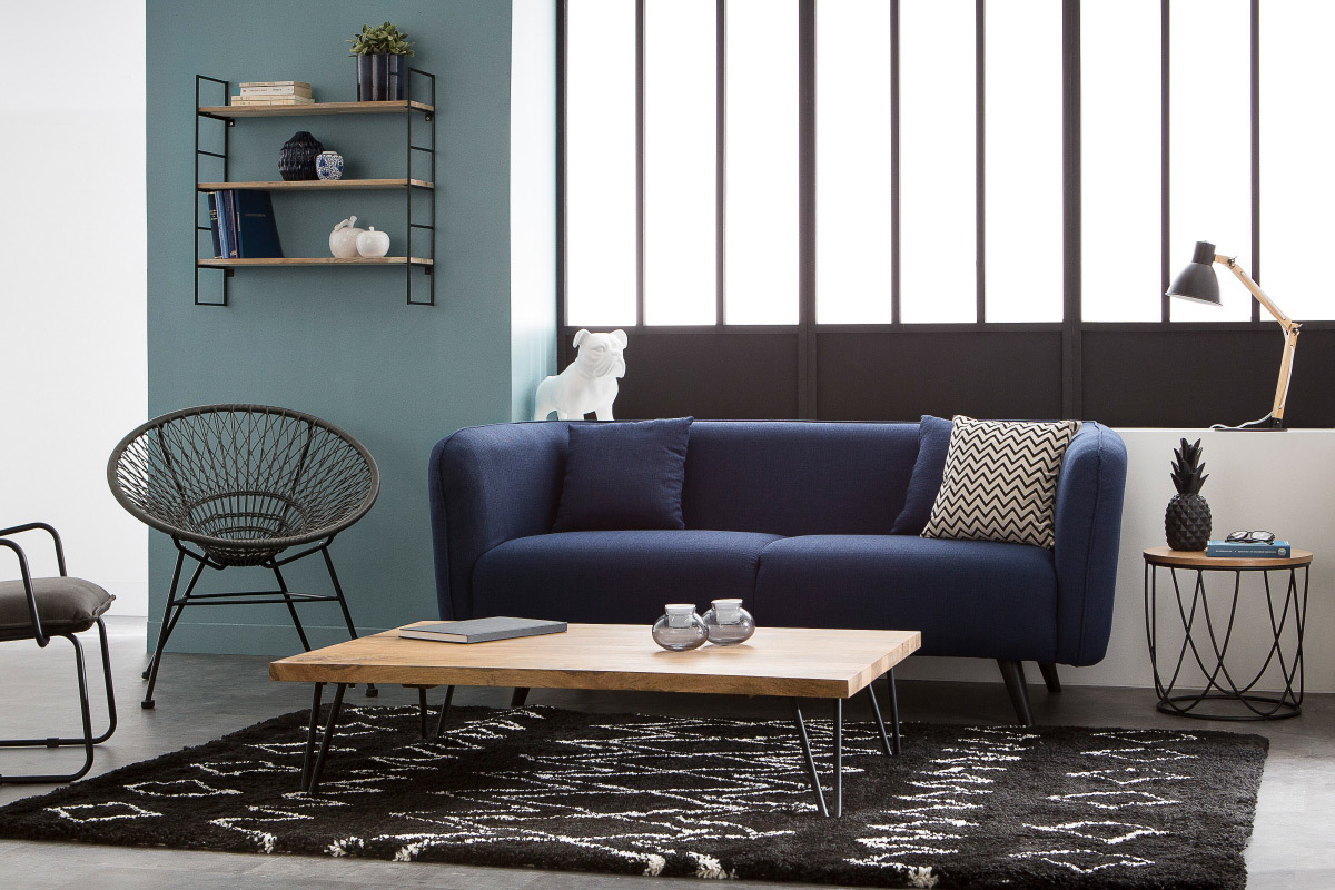 3-Sitzer-Design-Sofa MOONLIGHT aus dunkelblauem Stoff