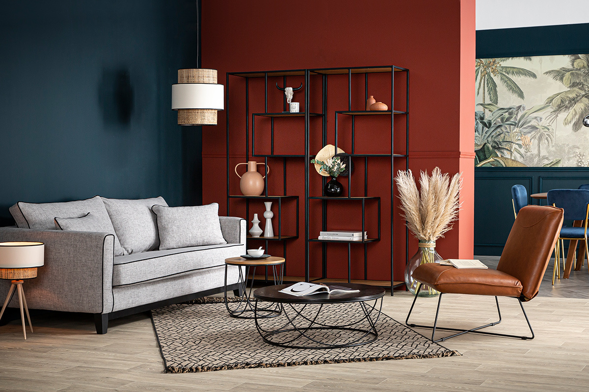 3-Sitzer Designer-Samtsofa HARRISON aus grauem und schwarzem Stoff