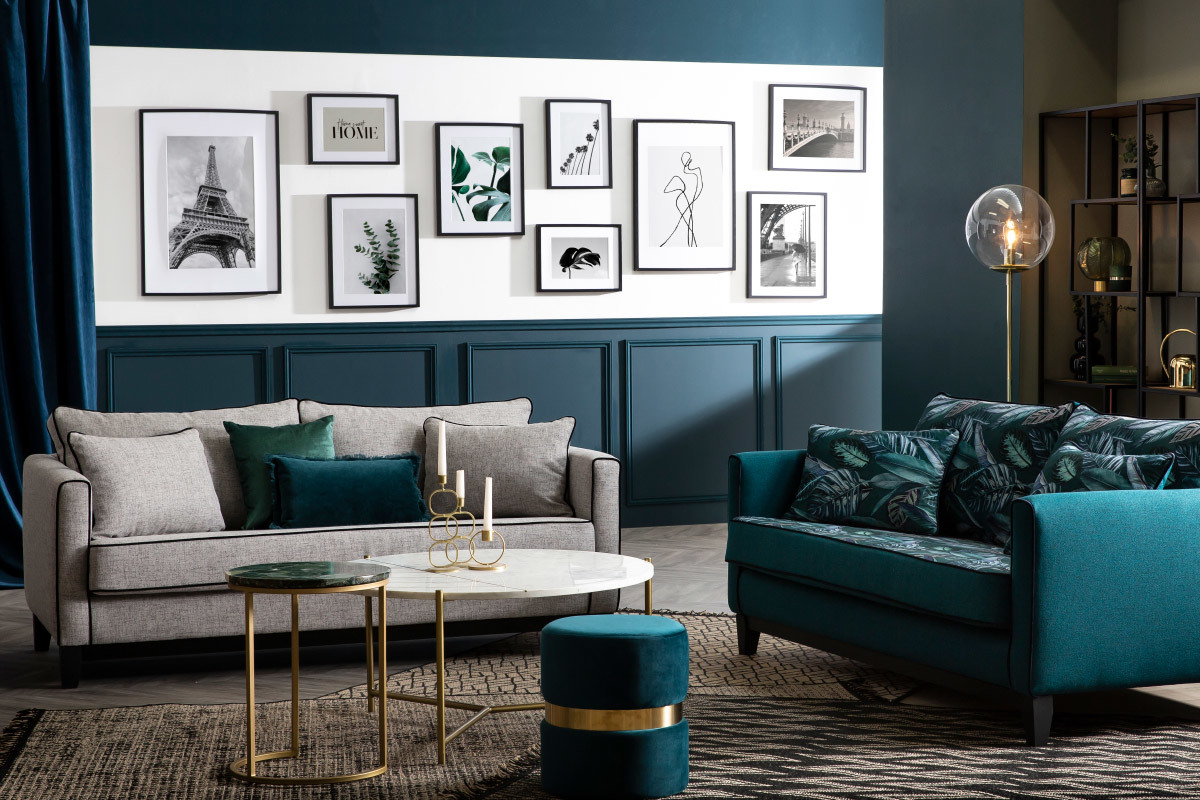 3-Sitzer Designer-Samtsofa HARRISON aus grauem und schwarzem Stoff