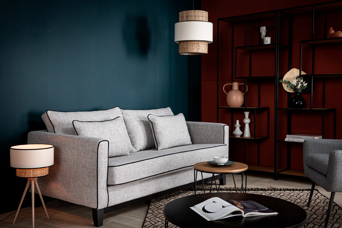 3-Sitzer Designer-Samtsofa HARRISON aus grauem und schwarzem Stoff