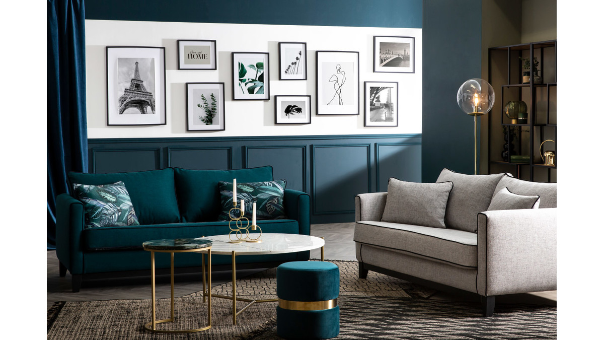 3-Sitzer-Designer-Sofa in pfauenblau und schwarzem Samt HARRISON