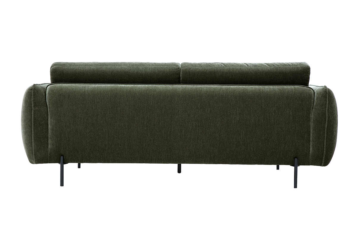 3-Sitzer-Designer-Sofa aus Stoff in Samtoptik in Khaki-Gr�n, R�ckansicht auf schwarzen Metallf��en.