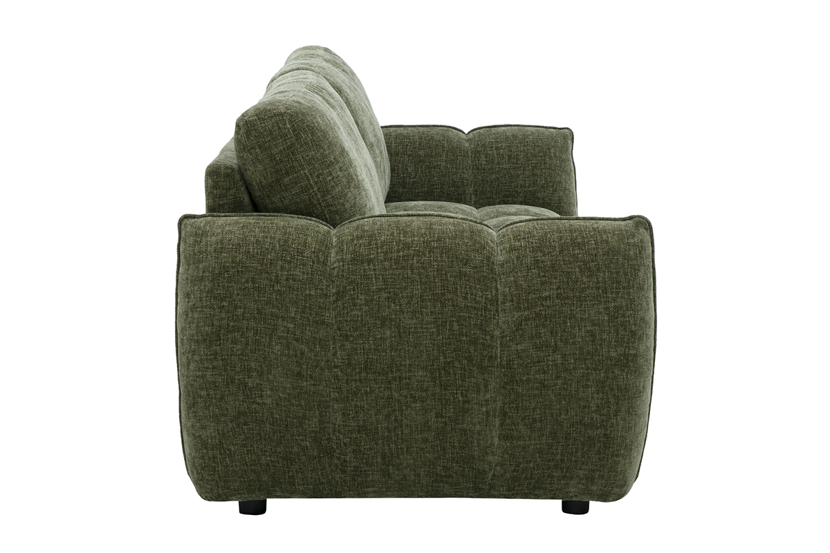 3-Sitzer-Designsofa in Khaki-Gr�n, Seitenansicht mit gesteppter Sitzfl�che.