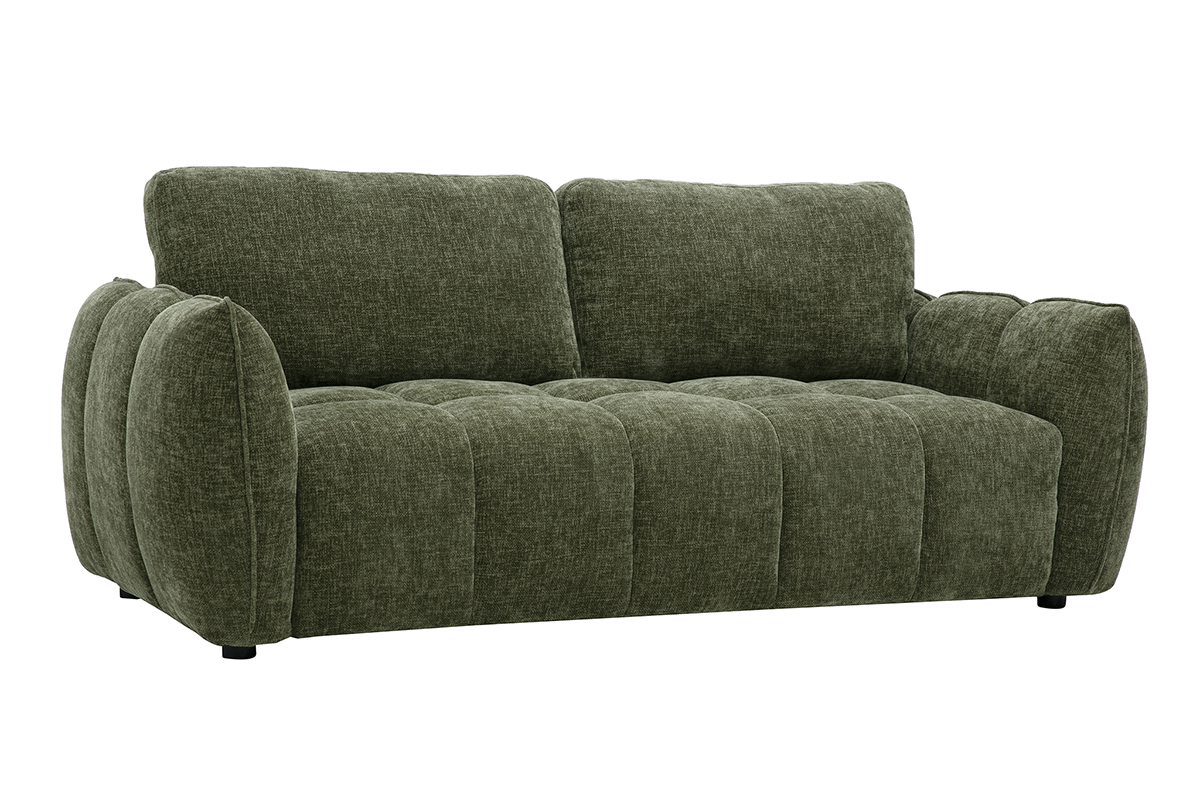 Designer-Dreiersofa aus Stoff in strukturierter Samtoptik, kaki-gr�n, 3/4-Ansicht.