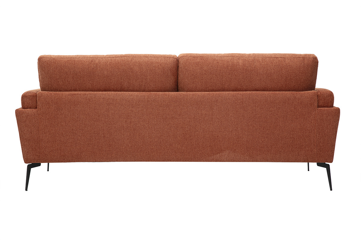 R�ckansicht des Design-3-Sitzer-Sofas aus Stoff mit strukturierter Samtoptik in gebrannter Erde und schwarzem Metall MOSCO.
