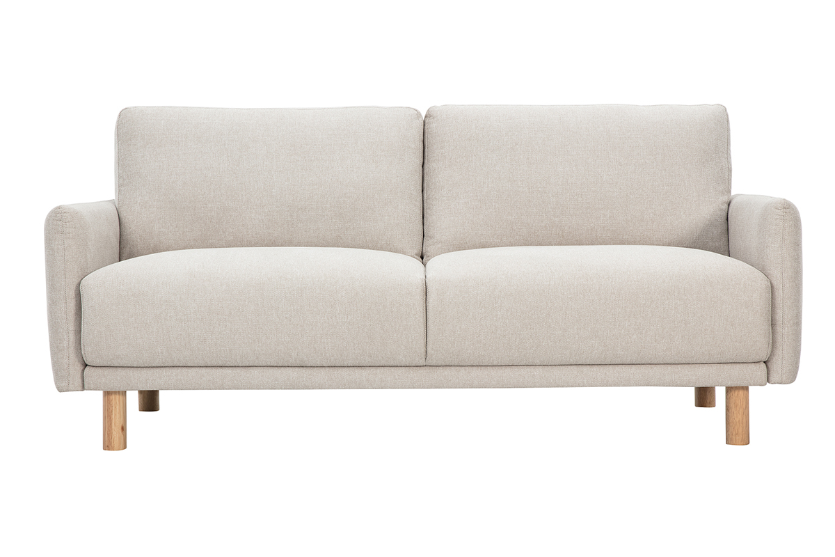 Beiges 3-Sitzer Design-Sofa mit Samteffekt und hellen Holzf��en, Frontansicht.