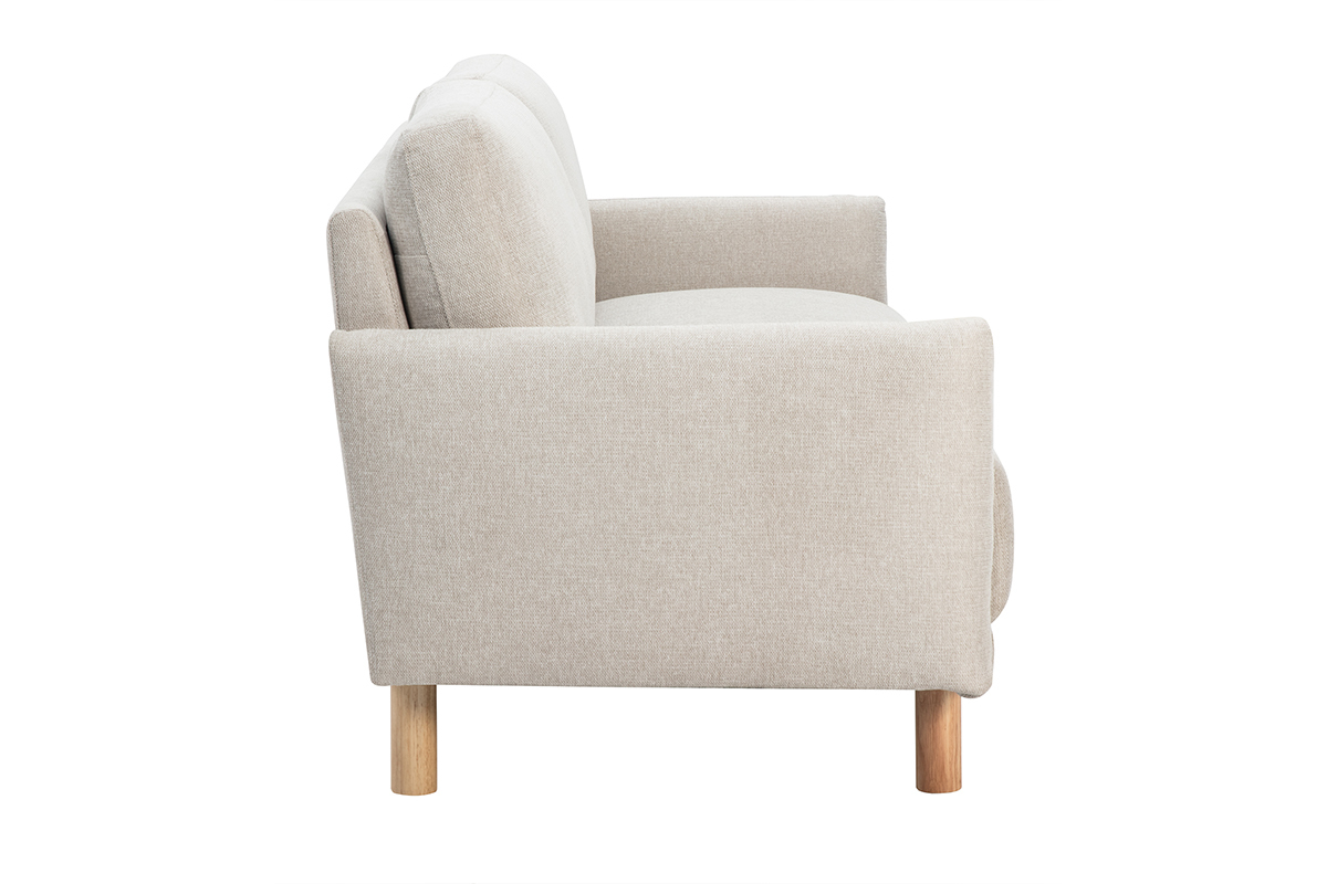 Beige Samt-Effekt Stoff 3-Sitzer Sofa, Seitenansicht, mit hellen Holzbeinen.