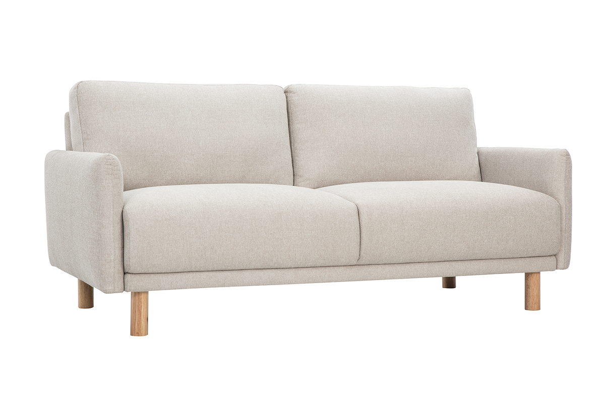 Beiges 3-Sitzer Sofa in Samtoptik mit hellen Holzf��en aus der 3/4 Perspektive.