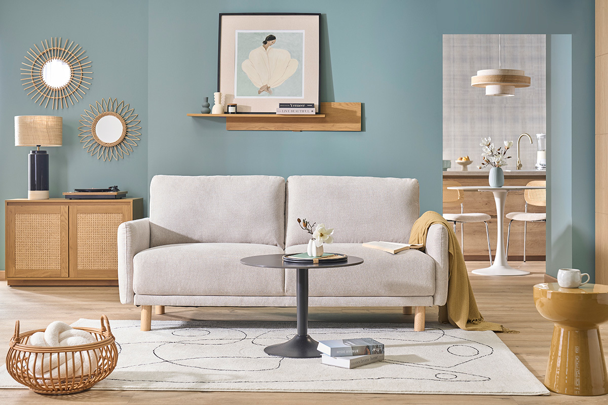 3-Sitzer Designsofa in beige Samtoptik Textur und hellem Holz BONO