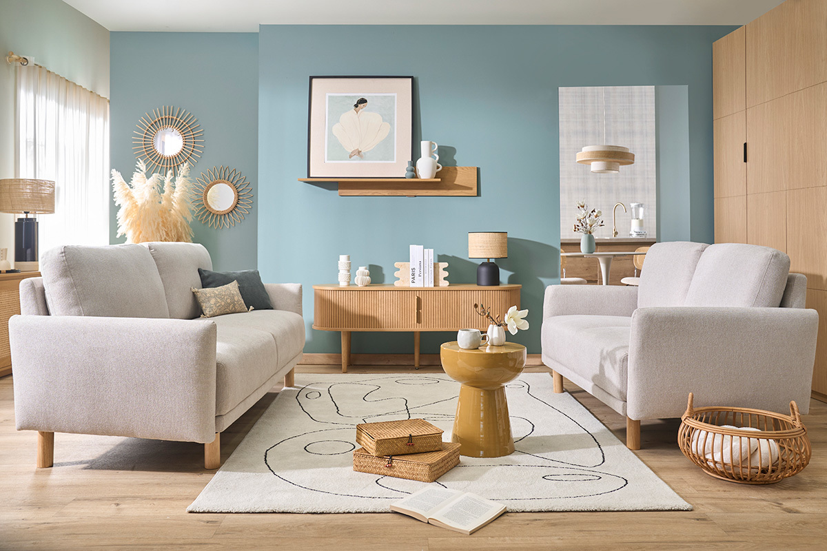3-Sitzer Designsofa in beige Samtoptik Textur und hellem Holz BONO