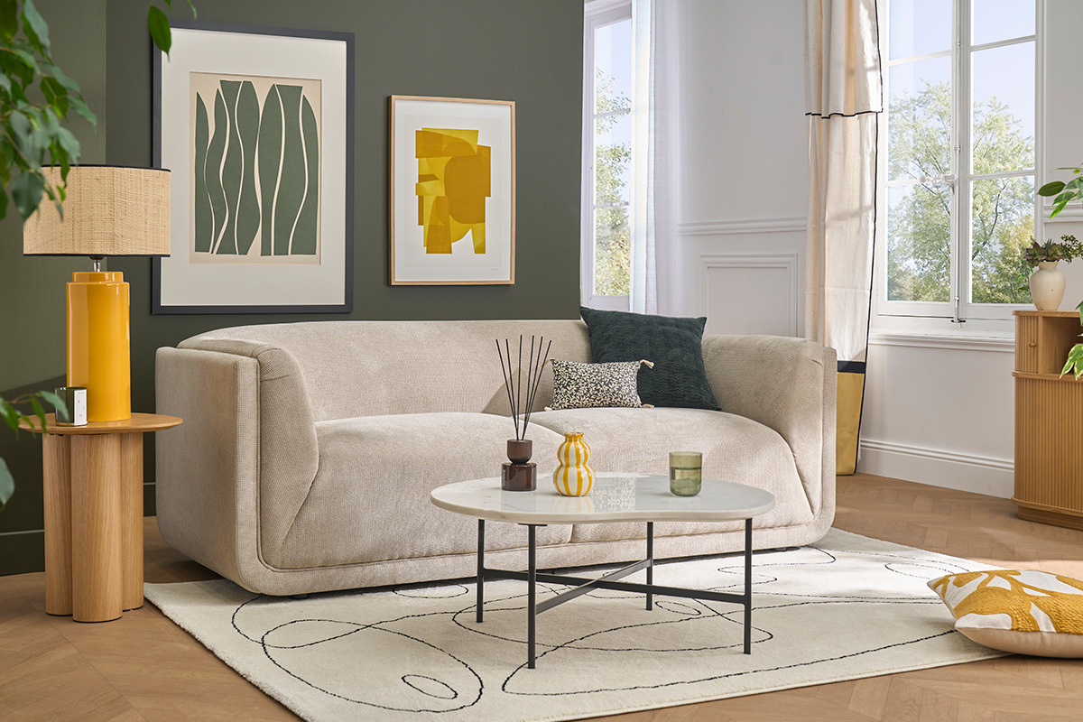 3-Sitzer Designsofa in beige Samtvelours-Effekt Stoff HOSBO