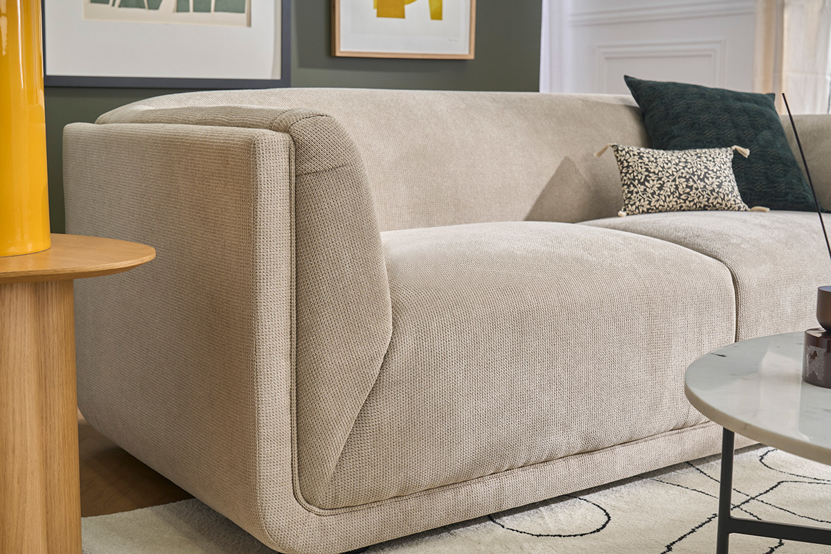3-Sitzer Designsofa in beige Samtvelours-Effekt Stoff HOSBO