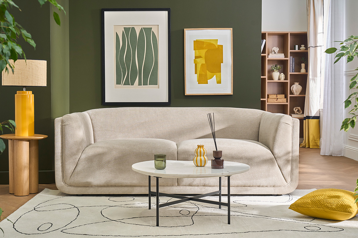 3-Sitzer Designsofa in beige Samtvelours-Effekt Stoff HOSBO