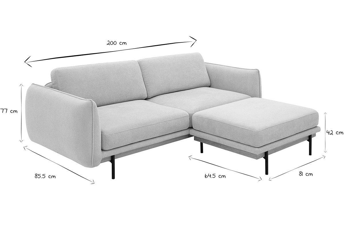 3-Sitzer Designsofa und Hocker in Beige Chenille Stoff und Schwarzem Metall TODD