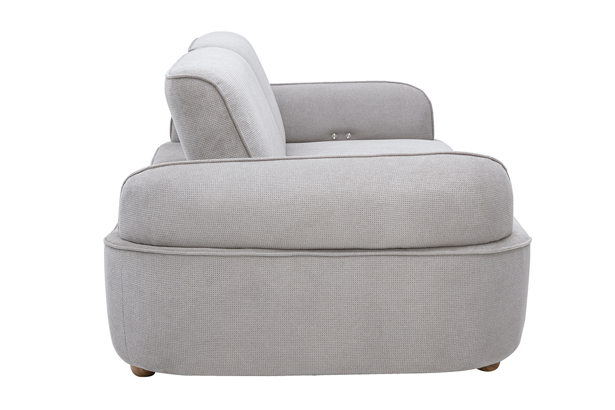 Elektrisches 3-Sitzer-Sofa OTIS aus grauem Chenille-Stoff, Seitenansicht mit abgerundeten Armlehnen.
