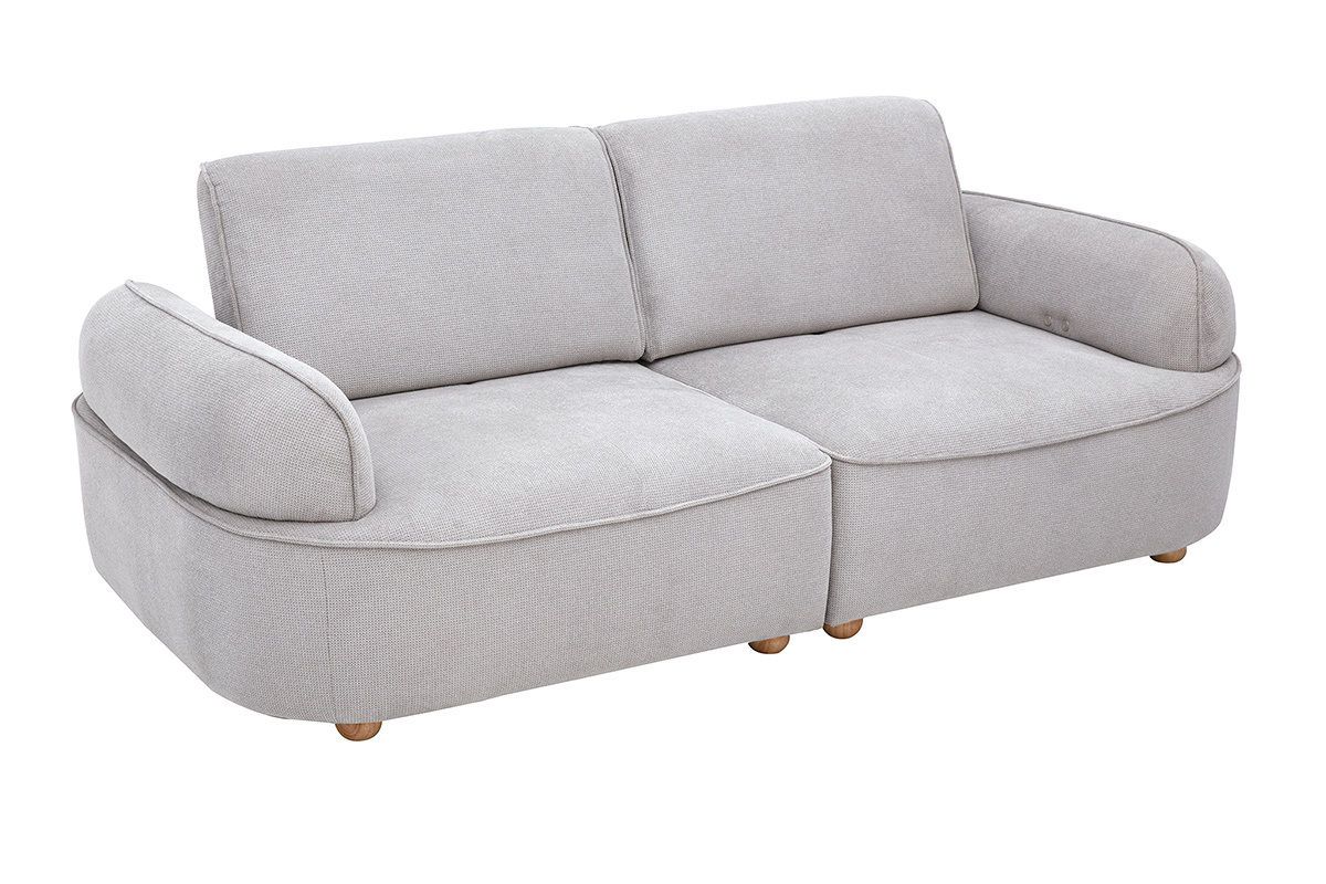 Elektrisches 3-Sitzer-Sofa OTIS aus grauem Stoff, 3/4-Ansicht, mit abgerundeten Armlehnen und Beinen aus hellem Holz.