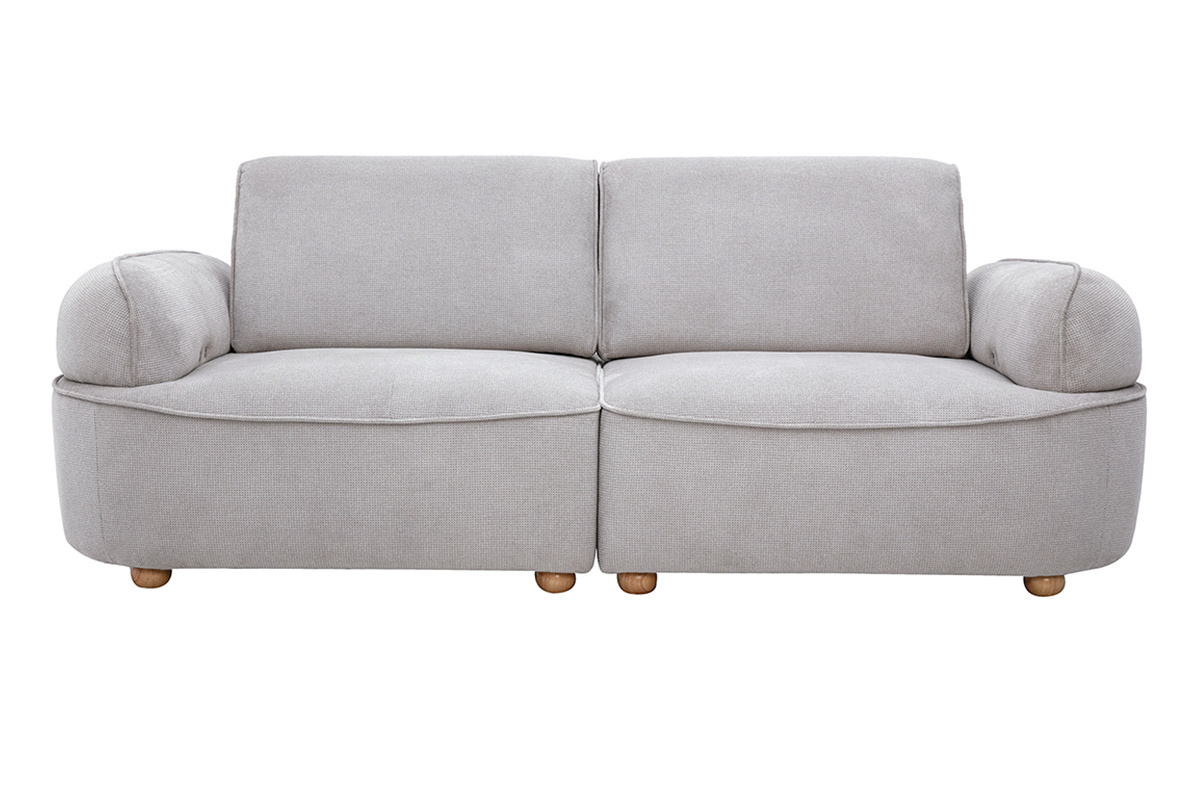 Elektrisches 3-Sitzer-Sofa aus grauem Chenille-Stoff, Frontansicht, Beine aus hellem Holz.