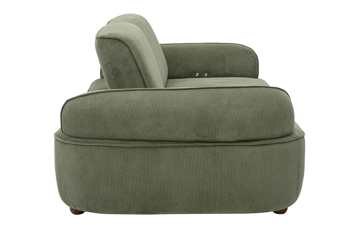 3-Sitzer-Elektrosofa aus khakigr�nem Cord-Samt, Seitenansicht, mit abgerundeten Armlehnen.
