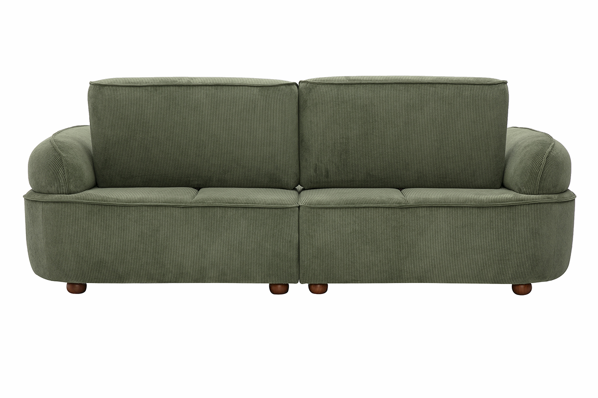 3-Sitzer-Elektrosofa OTIS aus gr�nem Kord mit R�ckansicht, abgerundeten Armlehnen und Beinen aus dunklem Holz