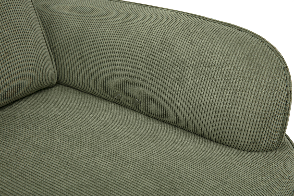 Detail eines 3-Sitzer-Sofas OTIS aus gr�nem Khaki-Cordvelours, Nahaufnahme der Armlehne.