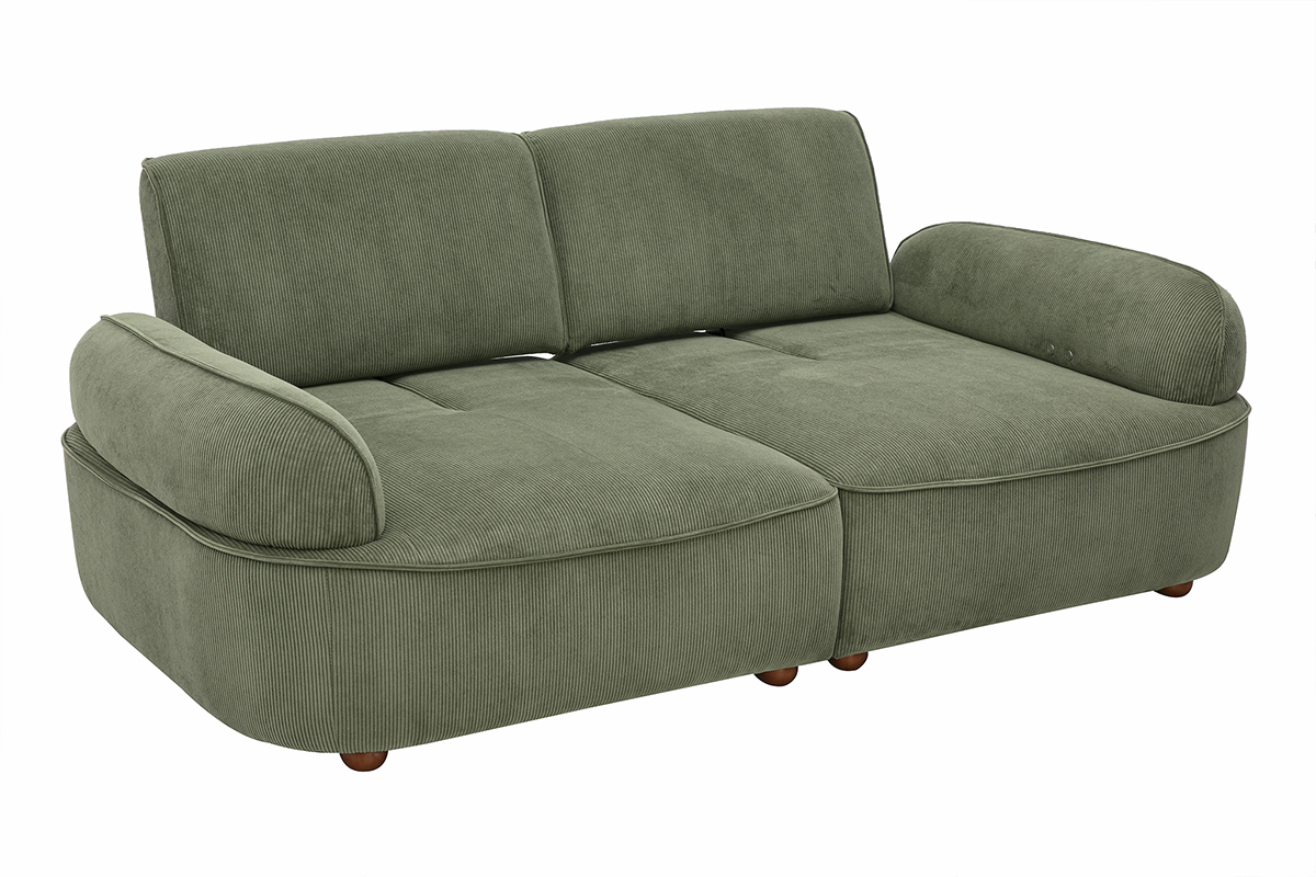 3-Sitzer-Elektrosofa aus gr�nem Khaki-Cordvelours mit abgerundeten Armlehnen