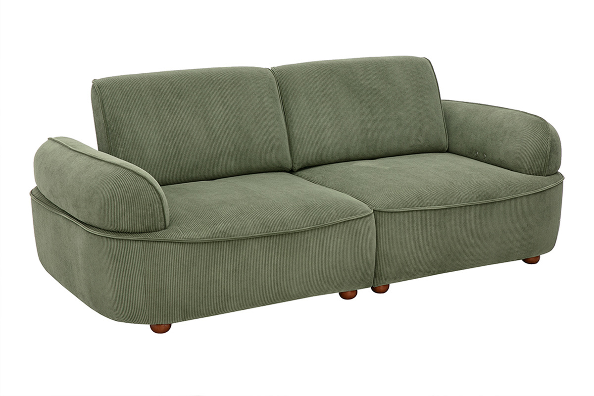 Elektrisches 3-Sitzer-Sofa in Khaki, 3/4-Ansicht, mit abgerundeten Armlehnen und dunklen Holzbeinen.