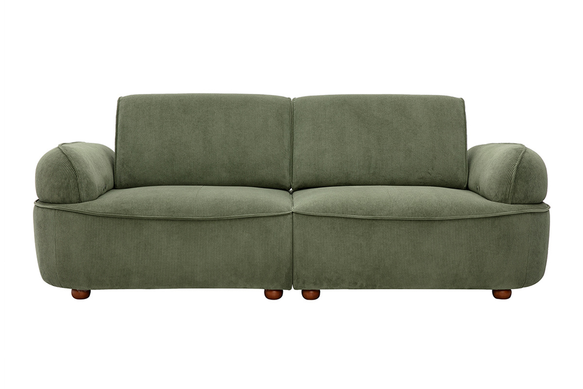 3-Sitzer-Elektrosofa aus gr�nem Khaki-Rippenvelours mit abgerundeten Armlehnen, Vorderansicht.