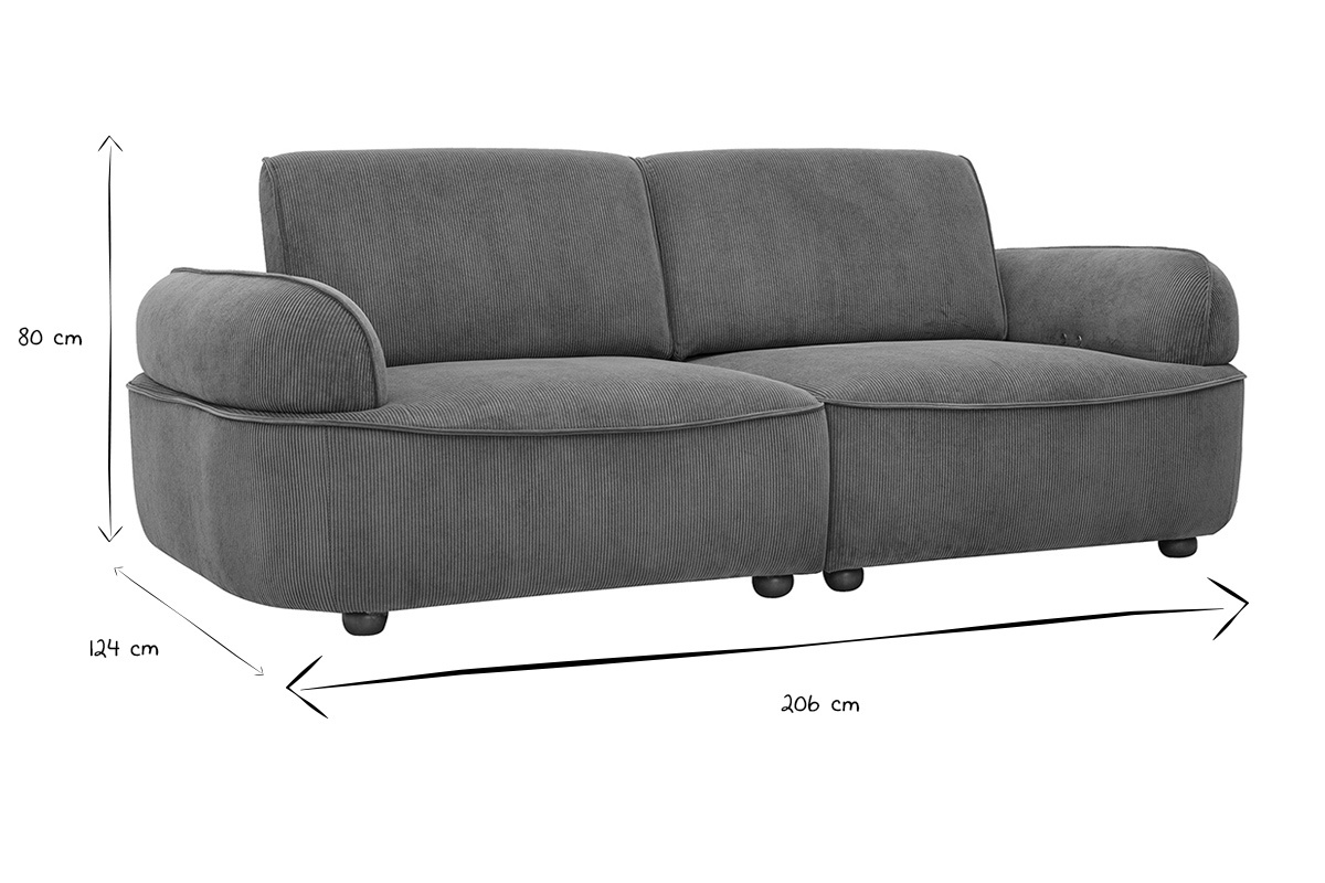 Abmessungen des 3-Sitzer-Sofas OTIS in Schwarz und Wei�, 206 cm x 124 cm x 80 cm.