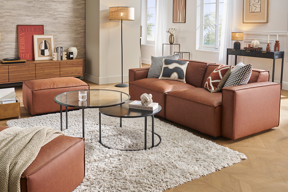 3-Sitzer Modulsofa in beige Samt-Effekt Textil SPLIT