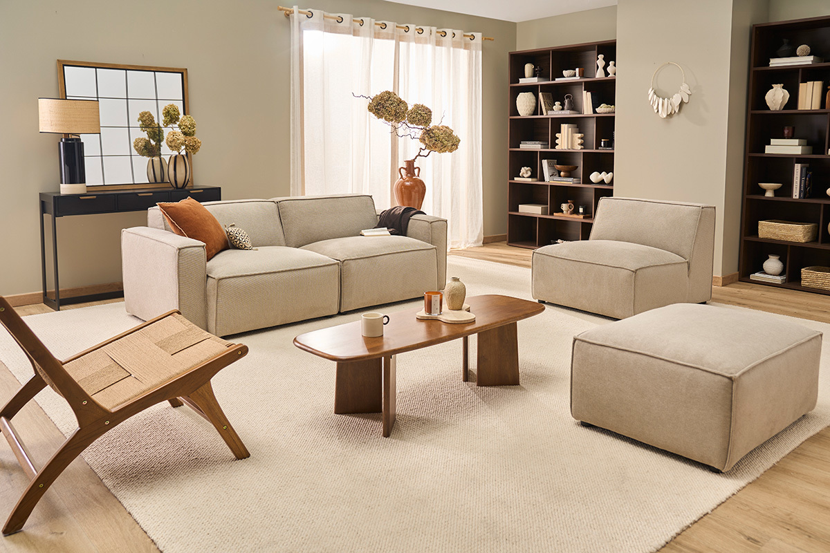 3-Sitzer Modulsofa in beige Samt-Effekt Textil SPLIT