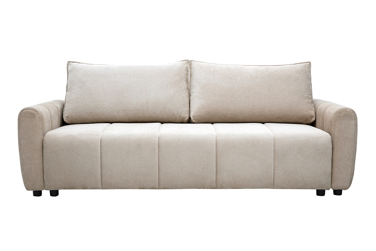 3-Sitzer-Schlafsofa FOLDY aus beigefarbenem Chenille-Stoff, Frontansicht mit Kissen.
