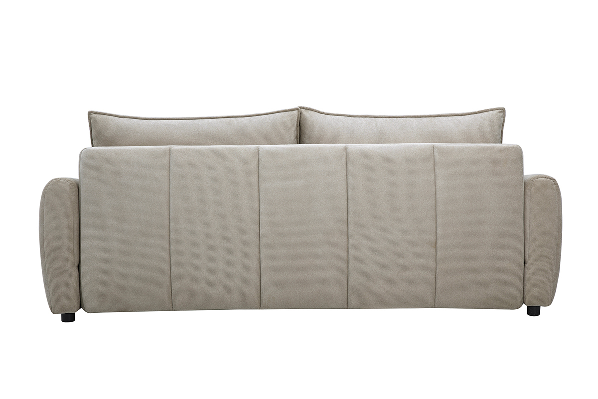 3-Sitzer-Schlafsofa aus beigem Chenille-Stoff, R�ckansicht mit weichen Kissen.