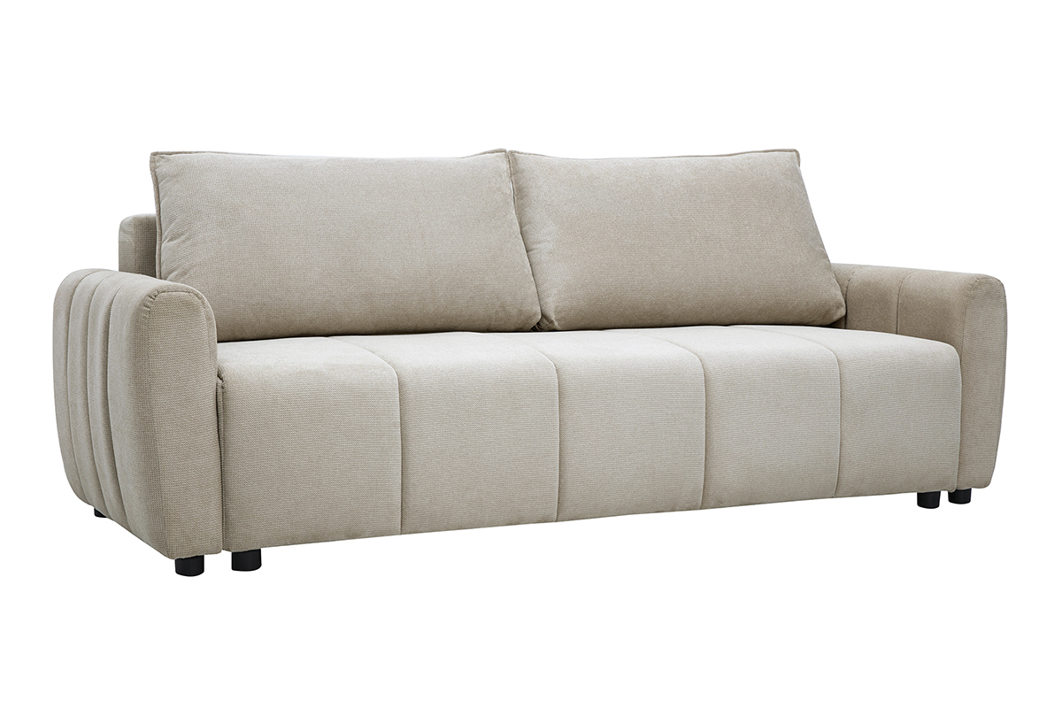 3-Sitzer-Schlafsofa aus beigefarbenem Chenille-Stoff, 3/4-Ansicht